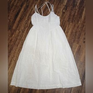 A New Day Eyelet Midi Cotton Sun Dress MED White Smocked Back Lined Pockets